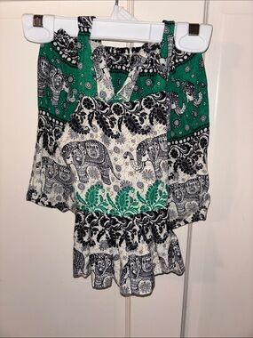 Thailand top and bottom Elephant Print Flounce Tank Top - Green / Black / White